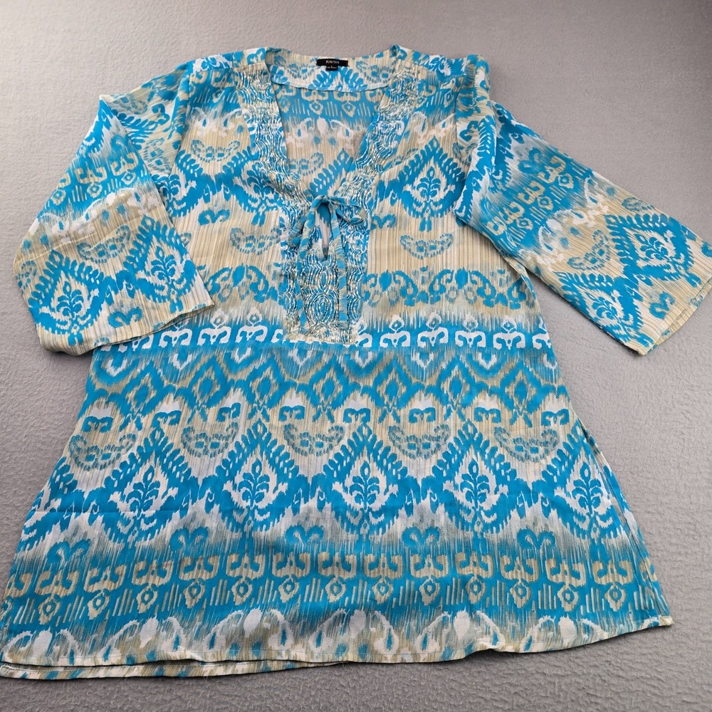 Raviya Swimsuit Cover-Up Womens Large Blue Beige Pattern Long Sleeve Tie V-Neck